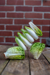 Raw organic Belgian endive ready to use on wooden table