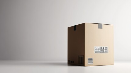 Fototapeta premium Brown cardboard shipping box on a clean uncluttered surface with soft lighting suitable for delivery and packaging concepts in various commercial projects.