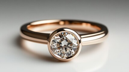 A modern rose gold ring with a solitaire brilliant-cut diamond, sleek and clean design, minimal white backdrop