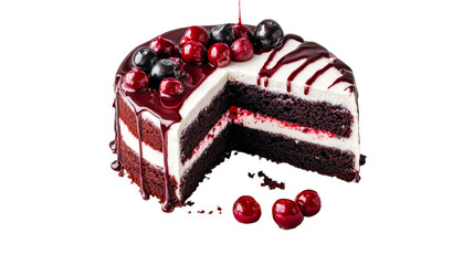 Chocolate berry cake with red glaze and vanilla cream , cut out transparent