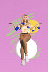 Creative banner collage of young blonde hair woman sit hold hand measure letters on purple background