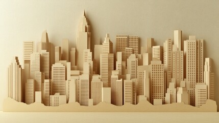 Artistic Paper Cityscape Model Illustration Crafted from Brown Cardboard with Intricate Details, Abstract Architecture, and Creative Urban Design Elements for Stock Photos