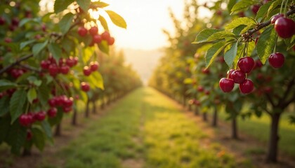 Fototapeta premium Cherry orchard with ripe fruit glowing in sunset light 