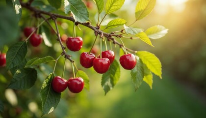 Obraz premium Ripe cherries growing on a branch in a sunny garden 