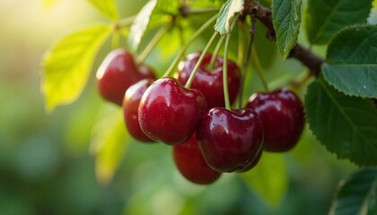 Ripe cherries hanging on a tree branch in bright sunlight  