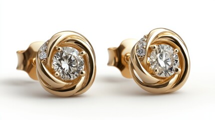 A pair of premium gold earrings with brilliant diamonds, set in a timeless design on a smooth white background 