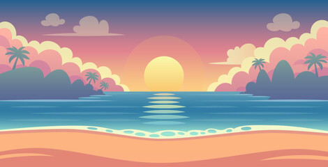 Sunset Beach Landscape Flat Style Vector Illustration. Suitable for web, games and books. Horizontal format.