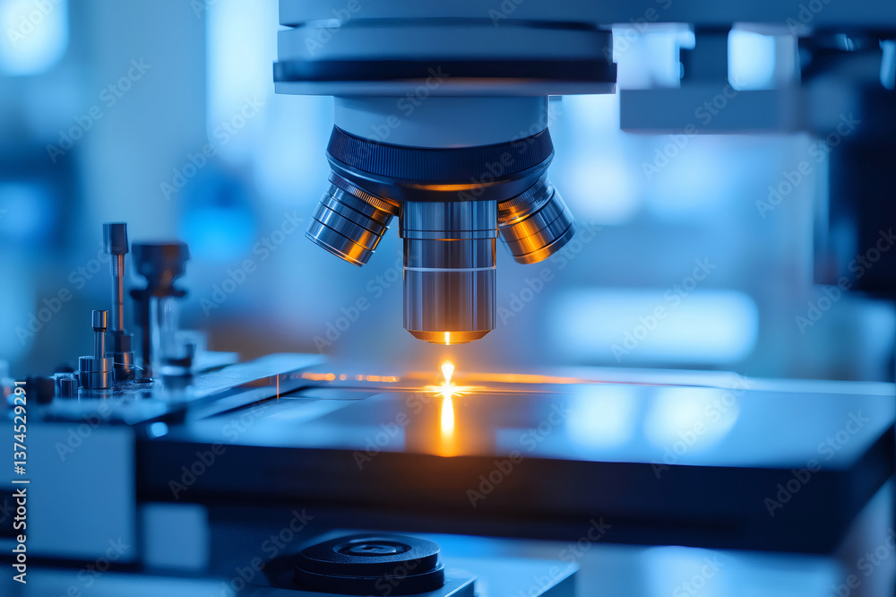 Poster close up of a microscope emitting a laser beam onto a slide, performing precise measurements in a sc