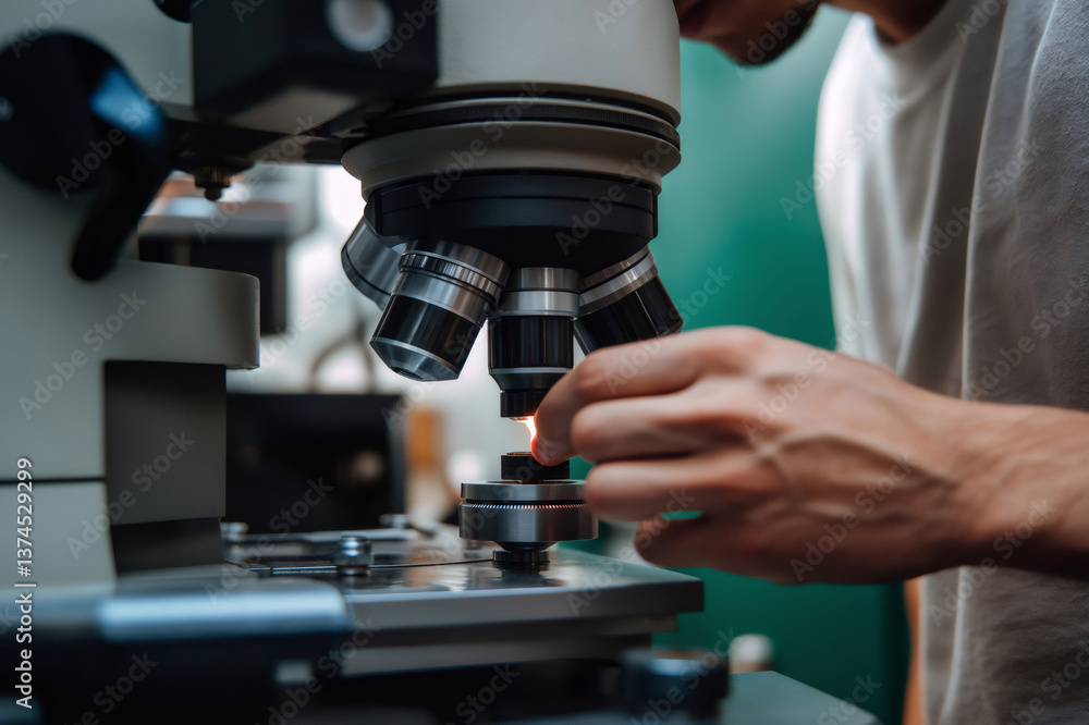 Poster close up of scientist hands adjusting laser under microscope, performing precise calibration for acc