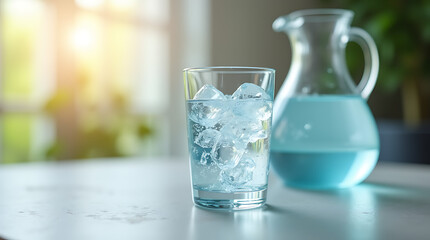 Chilled glass of pure ice water with a pitcher on a table – a symbol of freshness, hydration, and a healthy lifestyle at home or dining out.