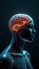 Obraz premium Human-machine hybrid with a visible, illuminated brain, symbolizing neuroscience, artificial intelligence, and future tech evolution.