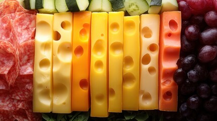 Many different types of cheese and fruit on this plate