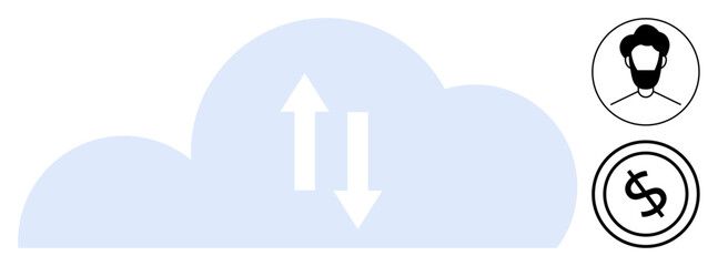 Blue cloud with up and down arrows symbolizing data exchange, user profile, and financial icon. Ideal for cloud computing, data management, technology, user accounts, finance, networking flat simple