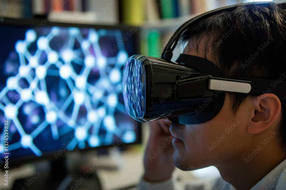 Poster scientist wearing vr headset analyzing molecule structure using virtual reality technology in labora