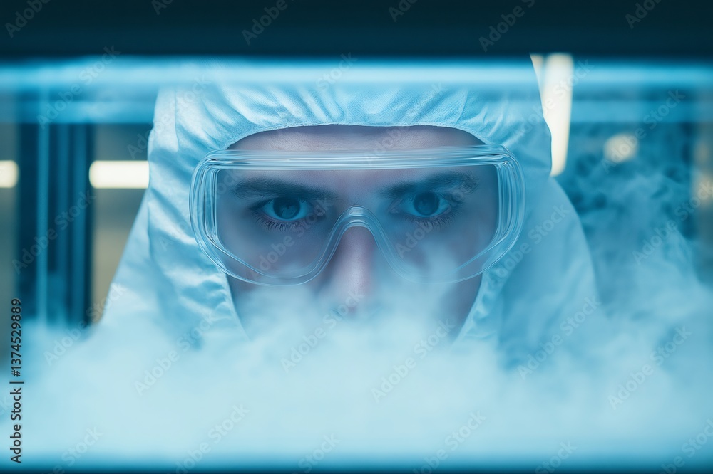 Poster close up view of a scientist conducting an experiment with vapor in a high tech laboratory, surround