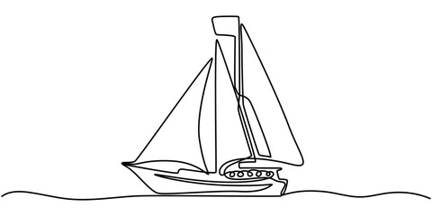 Single line continuous drawing of sailboat or yacht one line drawing outline vector art illustration, Continuous one line drawing of sailboat. Business icon. Vector illustration, continuous line draw.