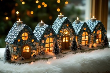 Enchanting miniature mosaic houses with warm candlelight, nestled in a snowy winter scene. Perfect for Christmas cards or festive home decor.