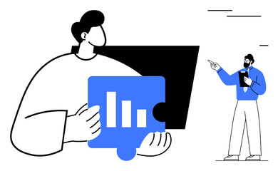 Person holding puzzle piece with chart icon while another points and guides. Ideal for teamwork, problem solving, growth, analytics, communication, education, strategy. Clean flat simple metaphor