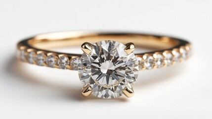 A refined yellow gold engagement ring featuring a large round brilliant diamond, accented by smaller diamonds on the band, against a white backdrop 
