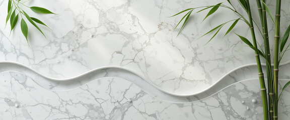 White marble surface with natural veining, paired with green bamboo stalks.