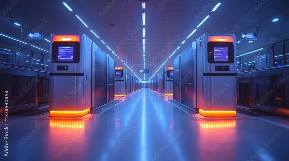 Poster A high tech transportation checkpoint features automated inspection booths lined with glowing blue and orange lights. Surveillance equipment enhances security and mobility efficiency.