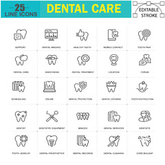 Dental Care Line Icons. 25 Editable Stroke Vector Icons for Dentistry & Oral Health