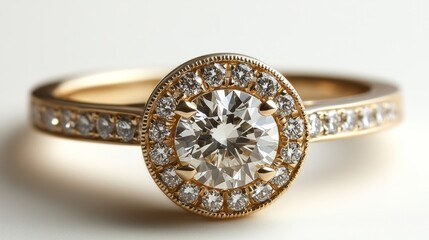 A refined yellow gold ring with a brilliant round diamond in the center, surrounded by pave diamonds, clean white backdrop