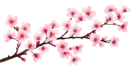 Cherry branch with pink blossoms, realistic painting, cut out transparent