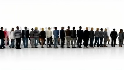 Diverse crowd of people standing in line against a plain background