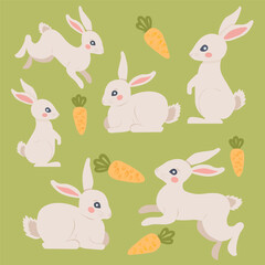 Easter bunny collection, cute festive rabbits and carrots. Vector illustration in pastel colours. 