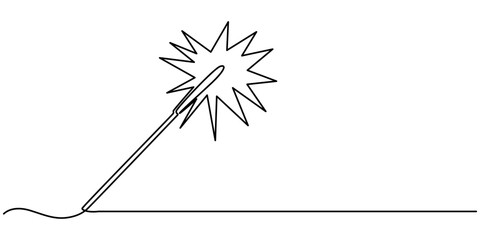 One continuous single drawn line art doodle line, sparkler, firework, hand, celebration, fire. isolated image hand-drawn contour on a white background., Sparklers burning in continuous line art drawin