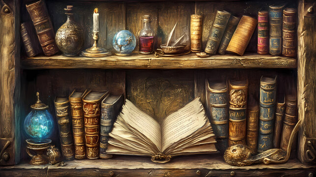 Ethereal arcanum mysterious shelves of antique parchment pages and shimmering magical relics in a shadowy forgotten library of the wizarding world. Shadowy Codex. Illustration