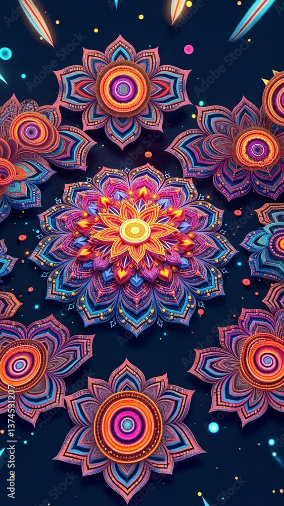 Poster a colorful flower with many petals is shown on a black background. the flower is made up of many sma