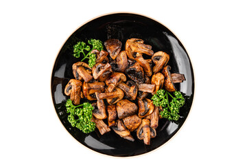 Mushrooms fried champignons vegetables dish fresh gourmet food background on the table rustic food top view copy space food