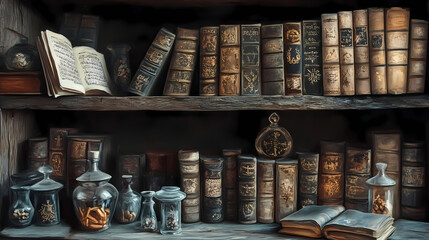 Mysterious shadowy alcoves of a wizards library concealing rare and enigmatic texts talismans and relics a sense of power erudition and the unknown. Shadowy Codex. Illustration