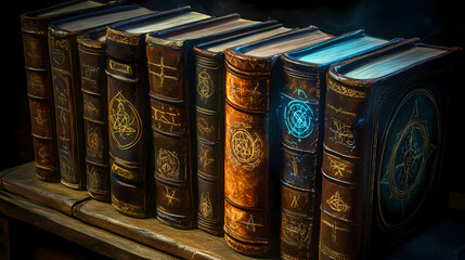 Mystic tomes in shadowy alcove exploring ancient library s forgotten folios and luminous symbols intricately bound volumes spectral fingers tracing arcane diagrams. Shadowy Codex. Illustration