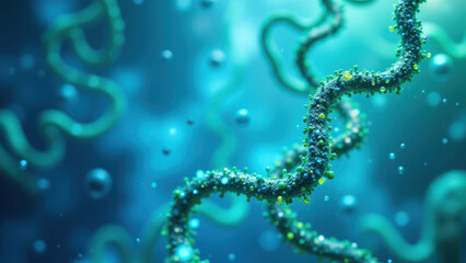 Molecular structure of GLP-1 hormone with glowing particles on a blue background.