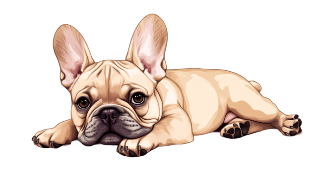 Relaxed fawn French Bulldog, cartoon style dog illustration, cut out transparent