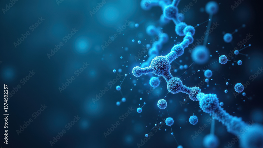 Poster a microscopic view of a glp-1 peptide with atoms highlighted in blue and white against a gray backdr
