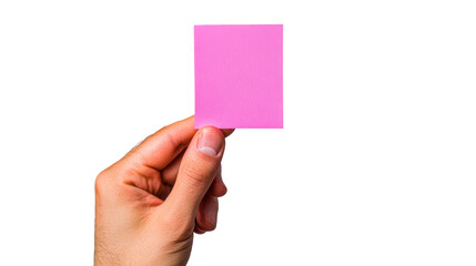 Hand holding pink note, announcement, black background, cut out transparent