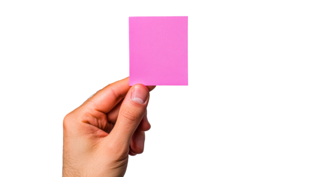 Hand holding pink note, announcement, black background, cut out transparent