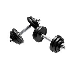 Halteres de academia pretos com barra e anilhas metálicas flutuando. Par de halter caindo em movimento dinâmico