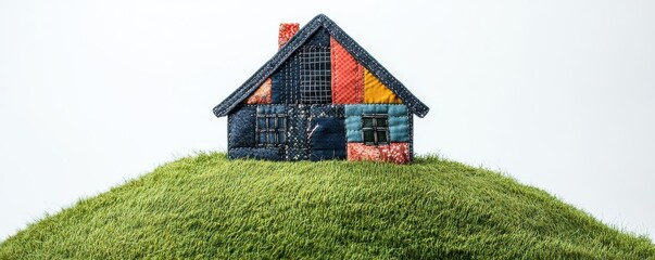 House made of patchwork fabric, stitched into a grassy hill, Watercolor style