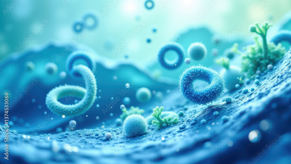 Poster underwater environment with particles floating near a glp-1 peptide molecule.