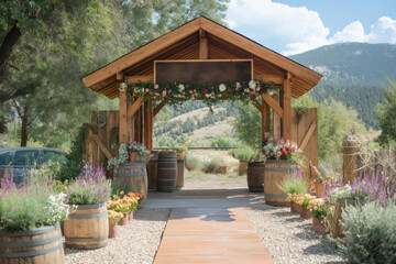 Naklejka premium Wooden wedding arch decorated with flowers and calligraphy welcomes guests to a celebration in a beautiful natural setting