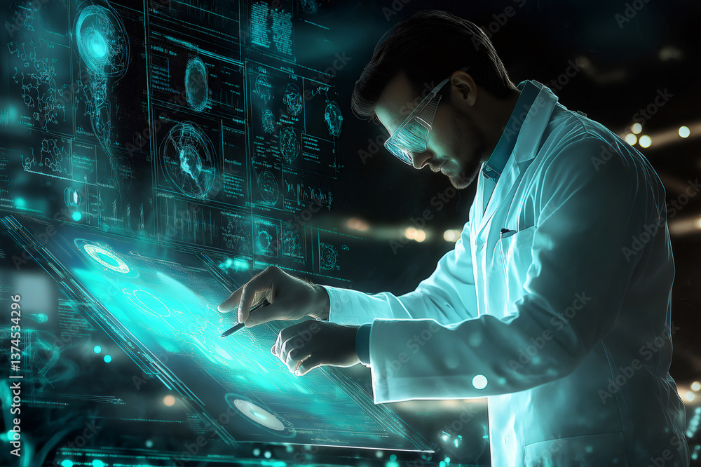 Poster scientist wearing lab coat and protective glasses using holographic futuristic interface to create a