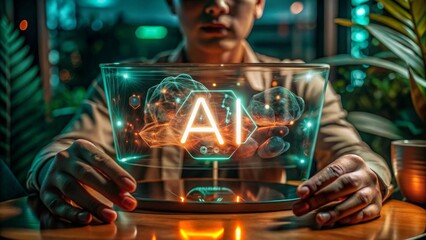 Person interacts with digital AI hologram using hands, futuristic tech interface, dark background, concept of innovation