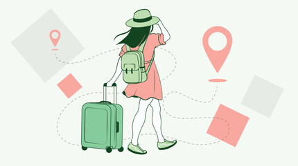 a female tourist carrying a suitcase with a background of a route on a map
