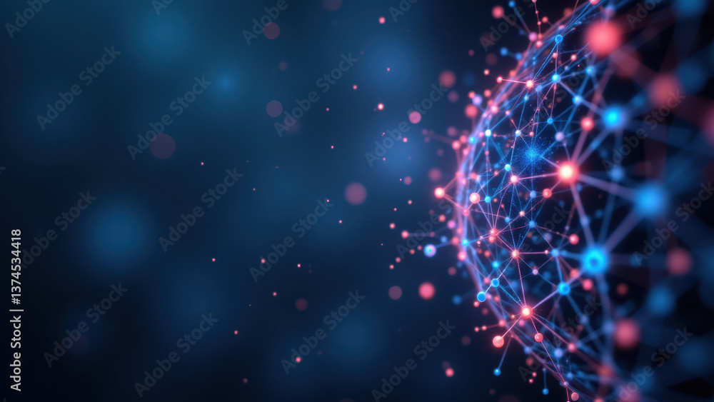 Poster a visual representation of a network or biological structure resembling an atom with electron orbits