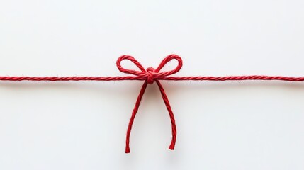 Close-up of a vibrant red string bow tied neatly on a white surface, symbolizing elegance and simplicity, ideal for creative projects, gifts, and decoration themes.